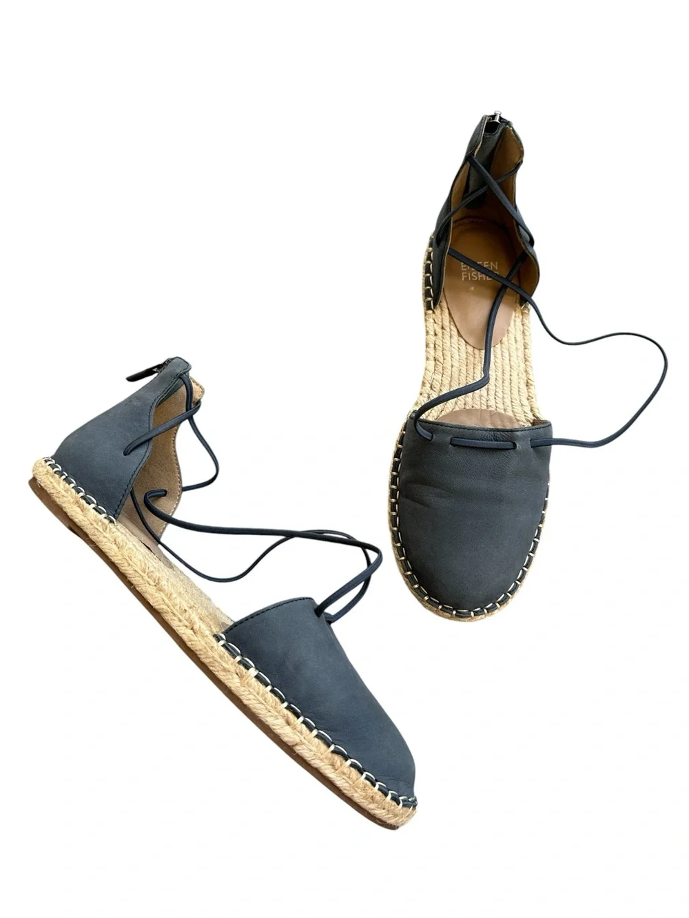 Eileen Fisher Espadrille Flats Navy Leather Ankle Wrap Size 7.5